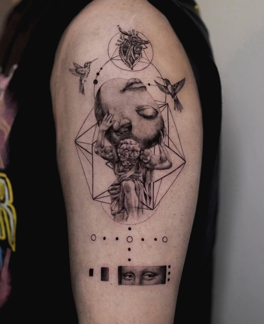 Intricate Greek god tattoo featuring divine elements
