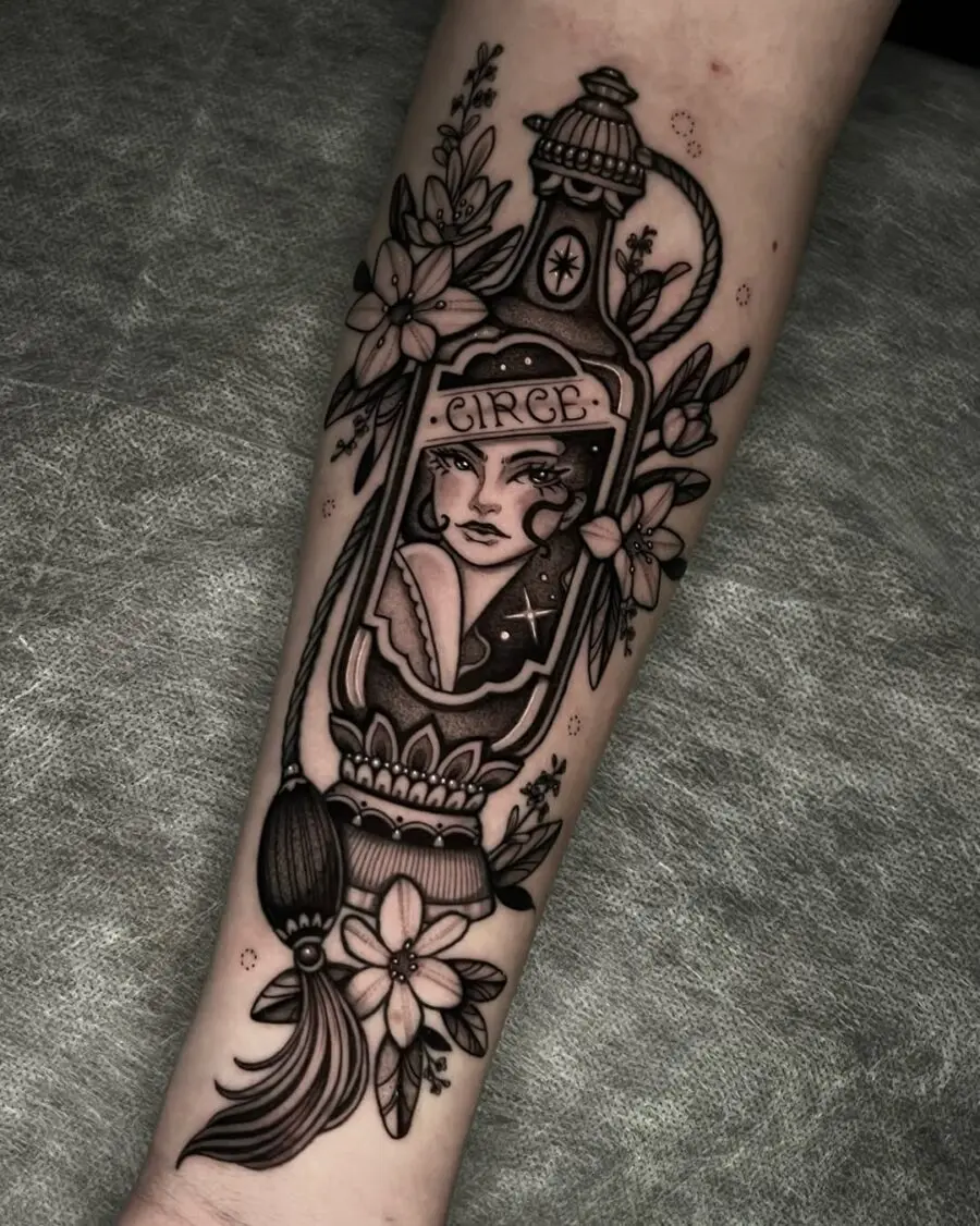 Enchanting female portrait tattoo inspired by mythology