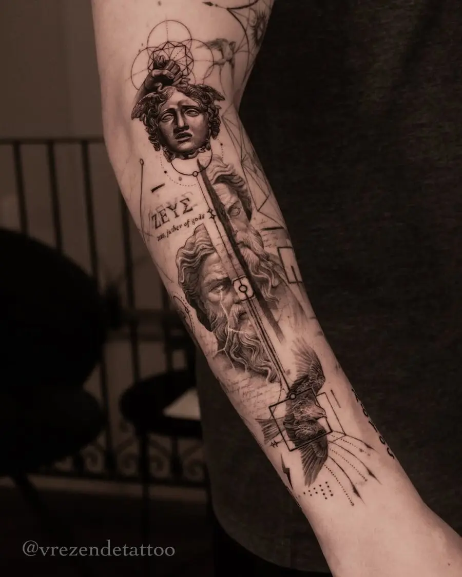 Intricate Greek gods tattoo showcasing mythological themes
