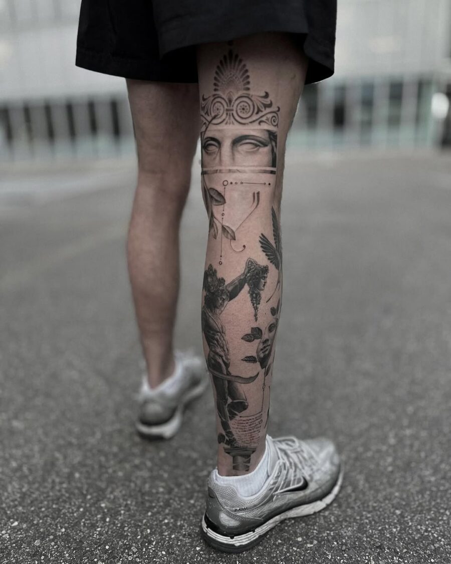 Intricate Greek god tattoo design on leg