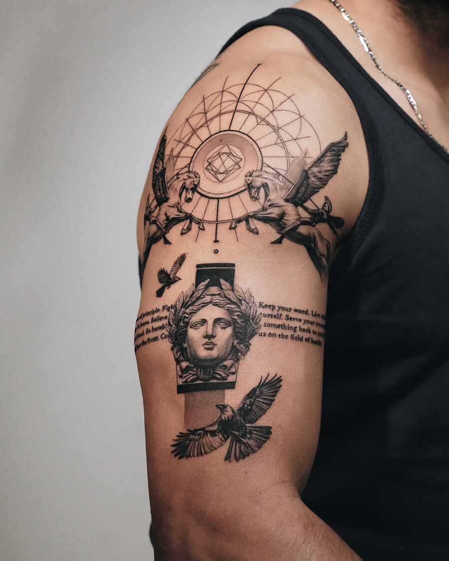 Intricate design of Greek mythology on arm
