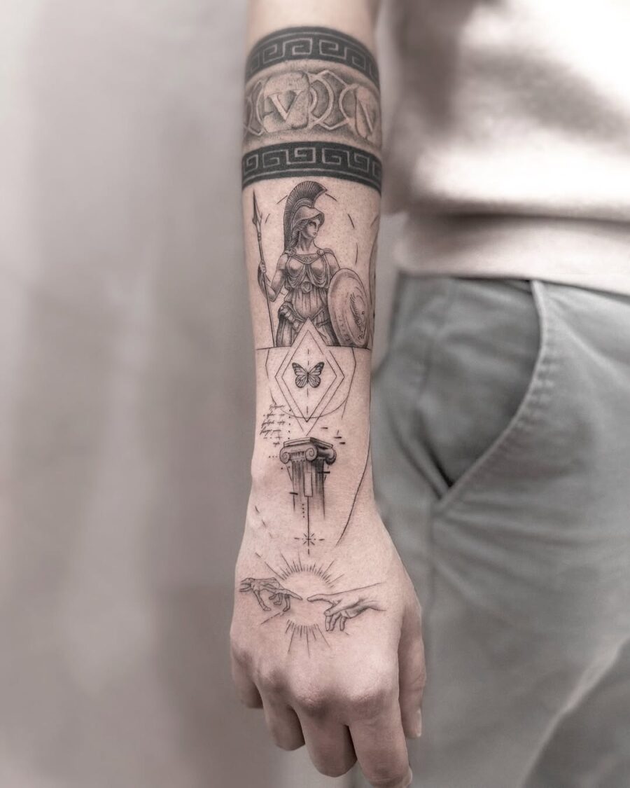 Intricate spartan warrior tattoo with shield