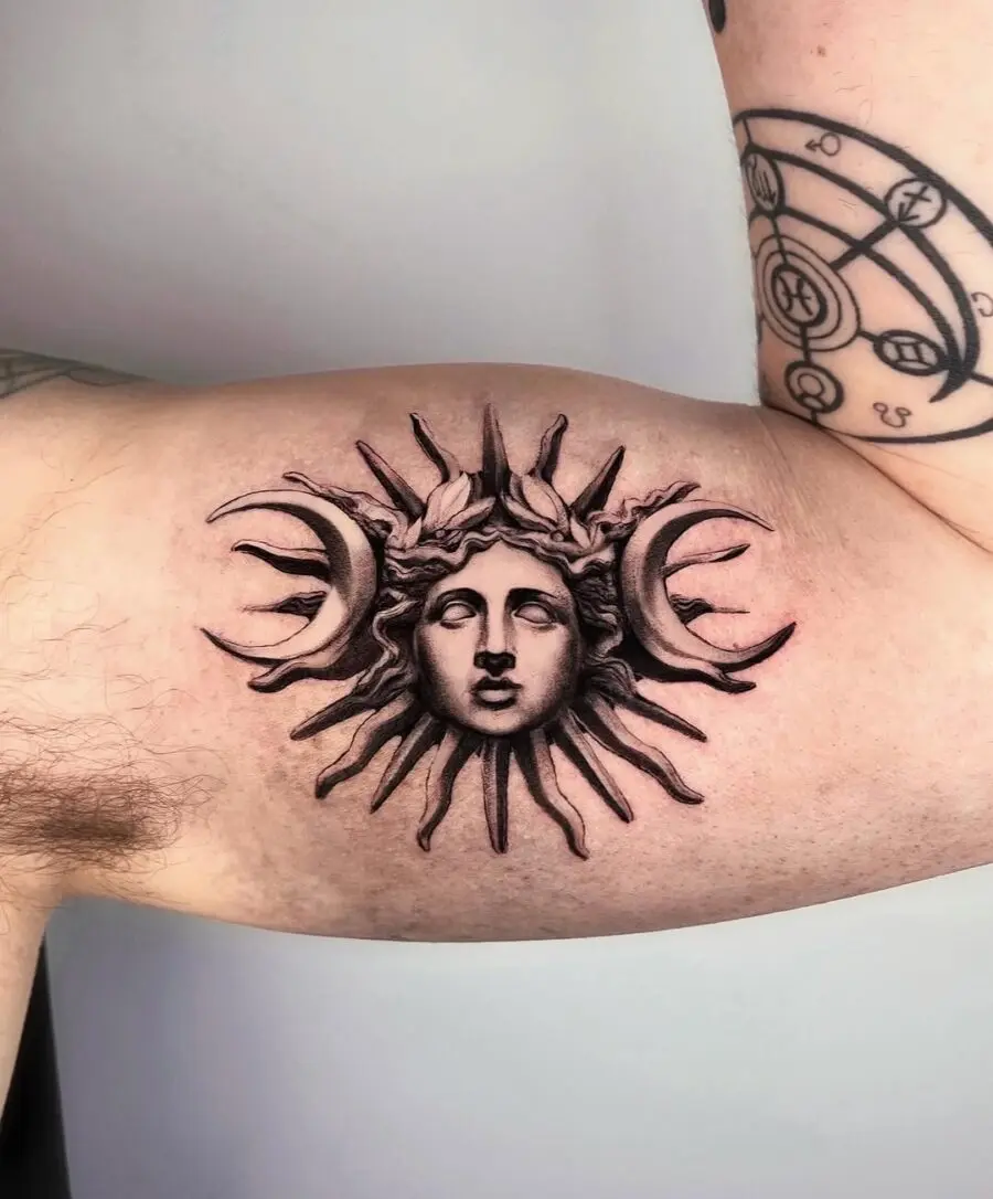 Intricate sun and moon goddess tattoo design