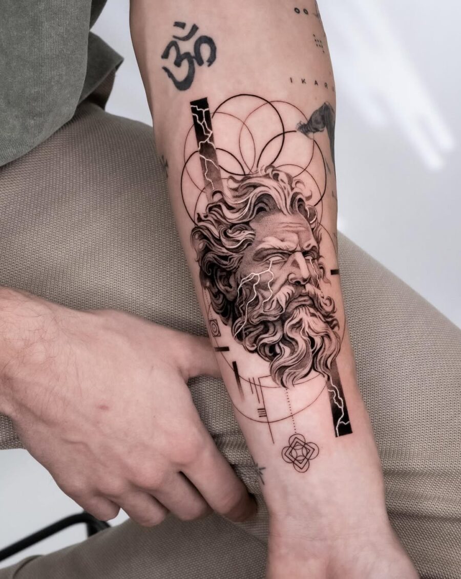 Intricate Zeus Tattoo with Abstract Elements