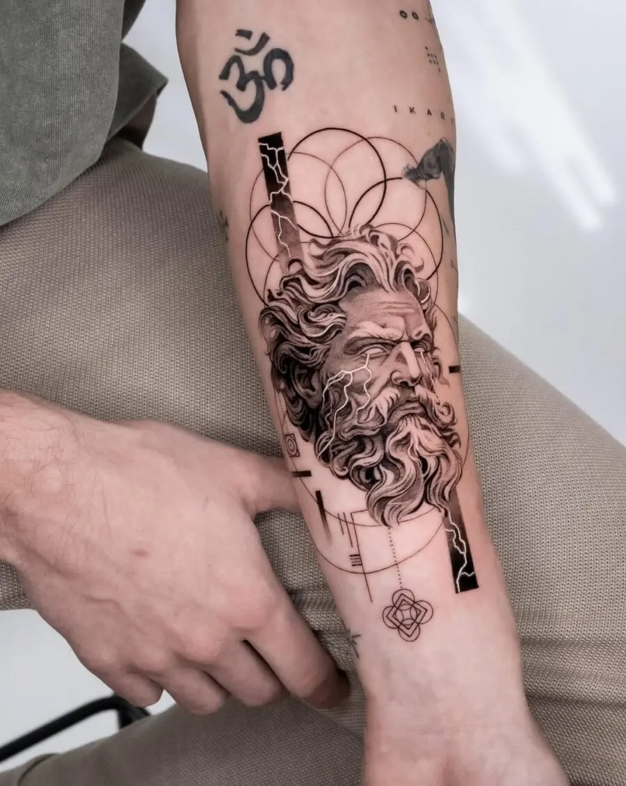 Intricate Zeus Tattoo with Abstract Elements