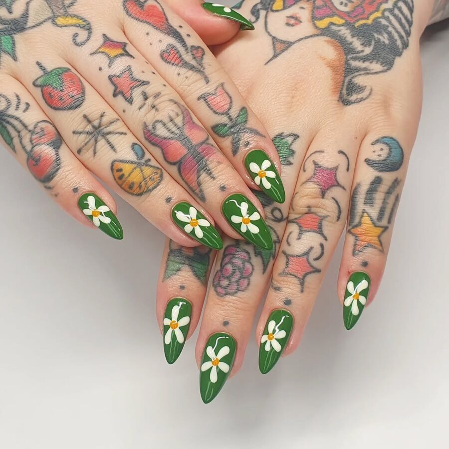 Vibrant Green Floral Nail Art Design