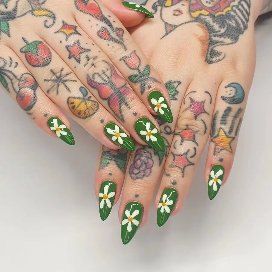 Vibrant Green Floral Nail Art Design