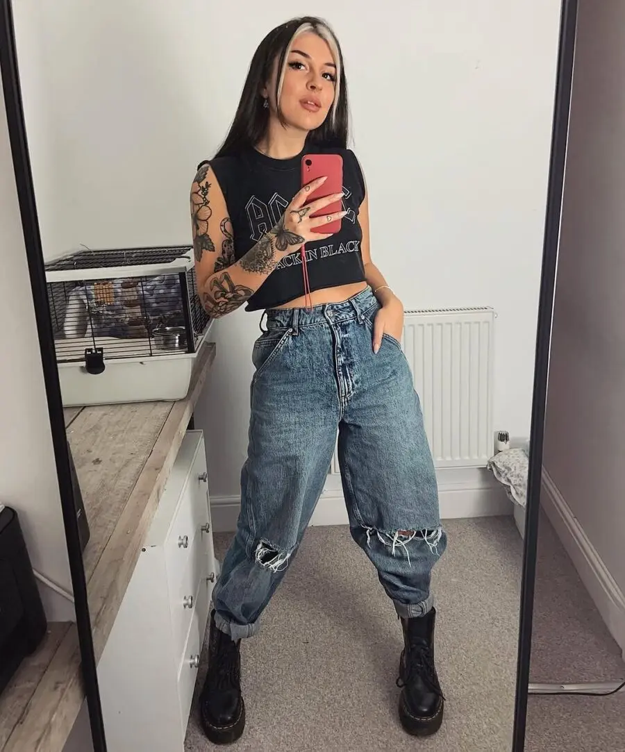 Chic grunge vibe with edgy denim style