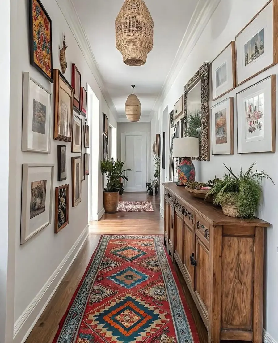 Charming hallway with eclectic art and plants