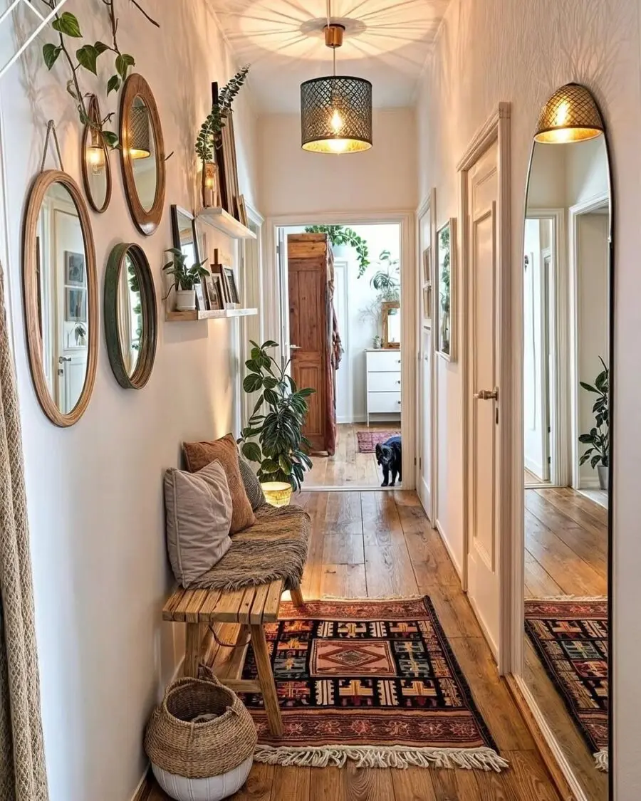 Charming modern boho hallway with mirrors