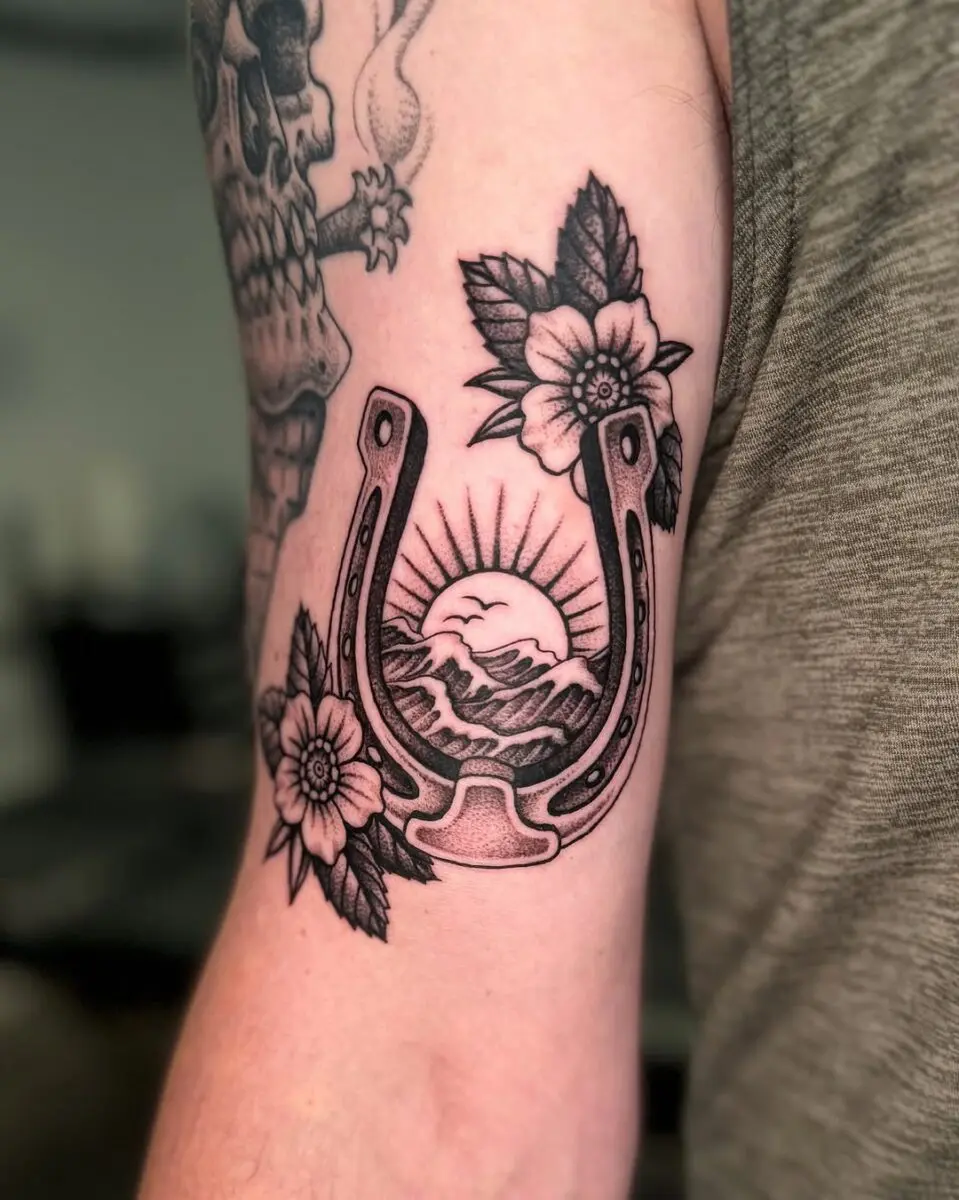Beautiful horseshoe tattoo with floral elements