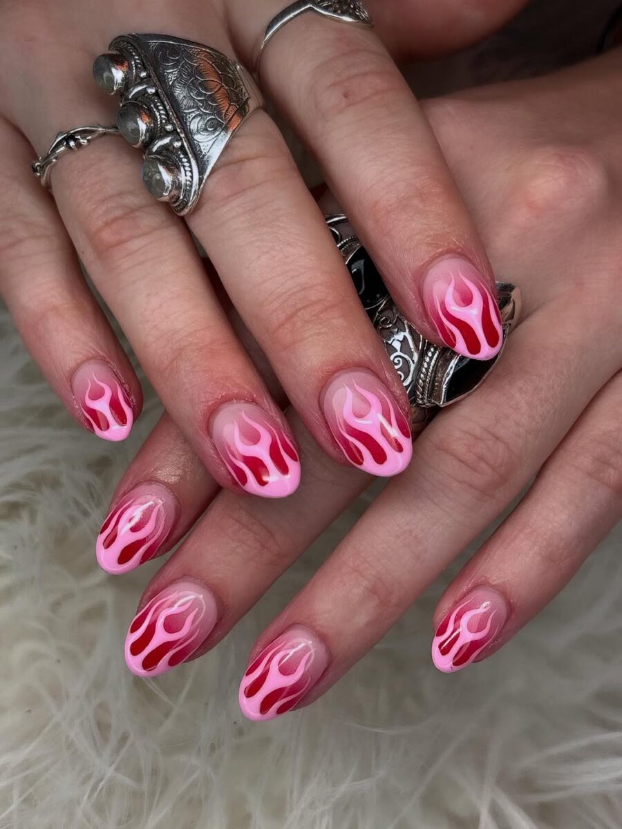 Stylish hot pink flame nail design