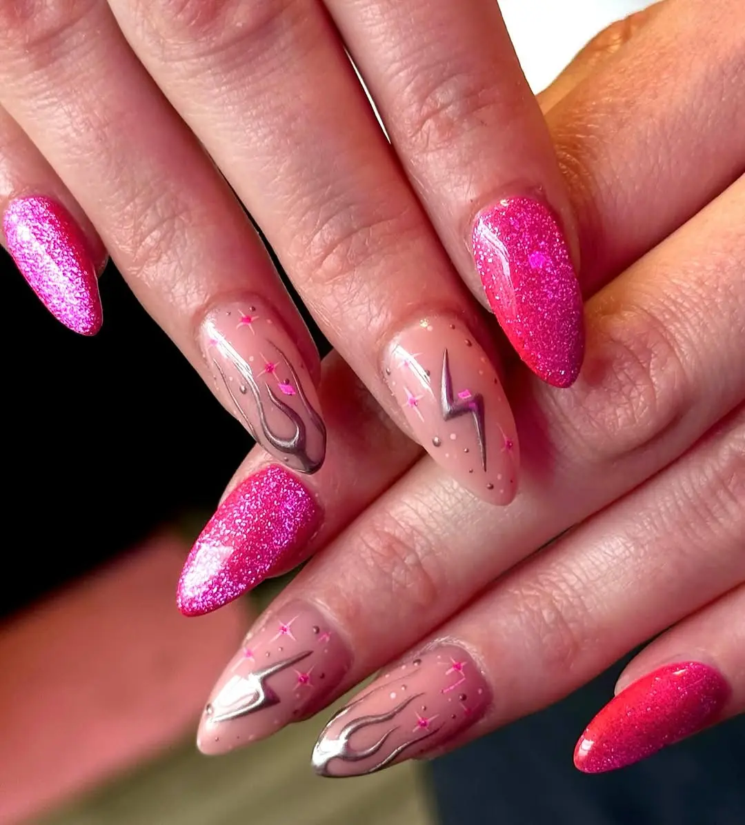 Stunning Hot Pink Glitter Nail Art Design