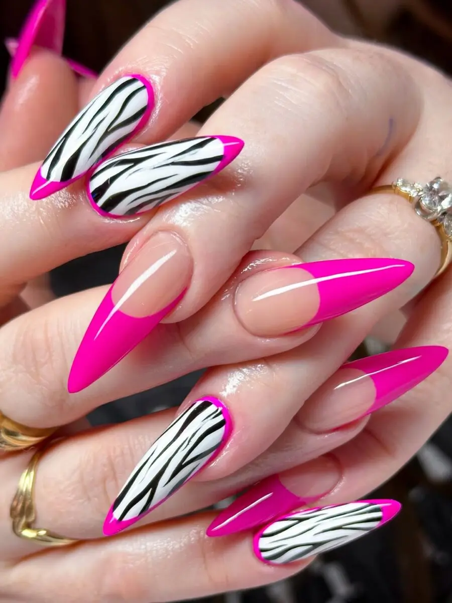 Stylish hot pink and zebra print nails design