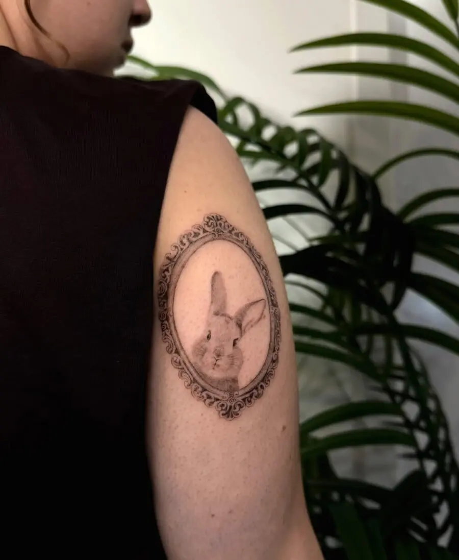 Elegant framed rabbit portrait tattoo design