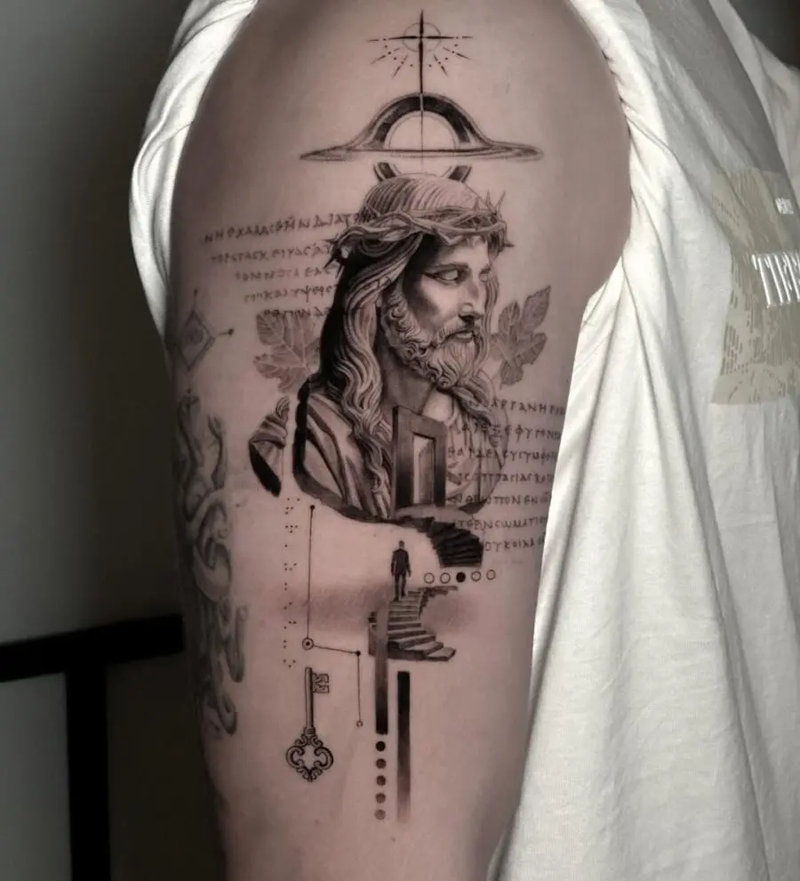 Intricate depiction of Jesus with symbolic elements