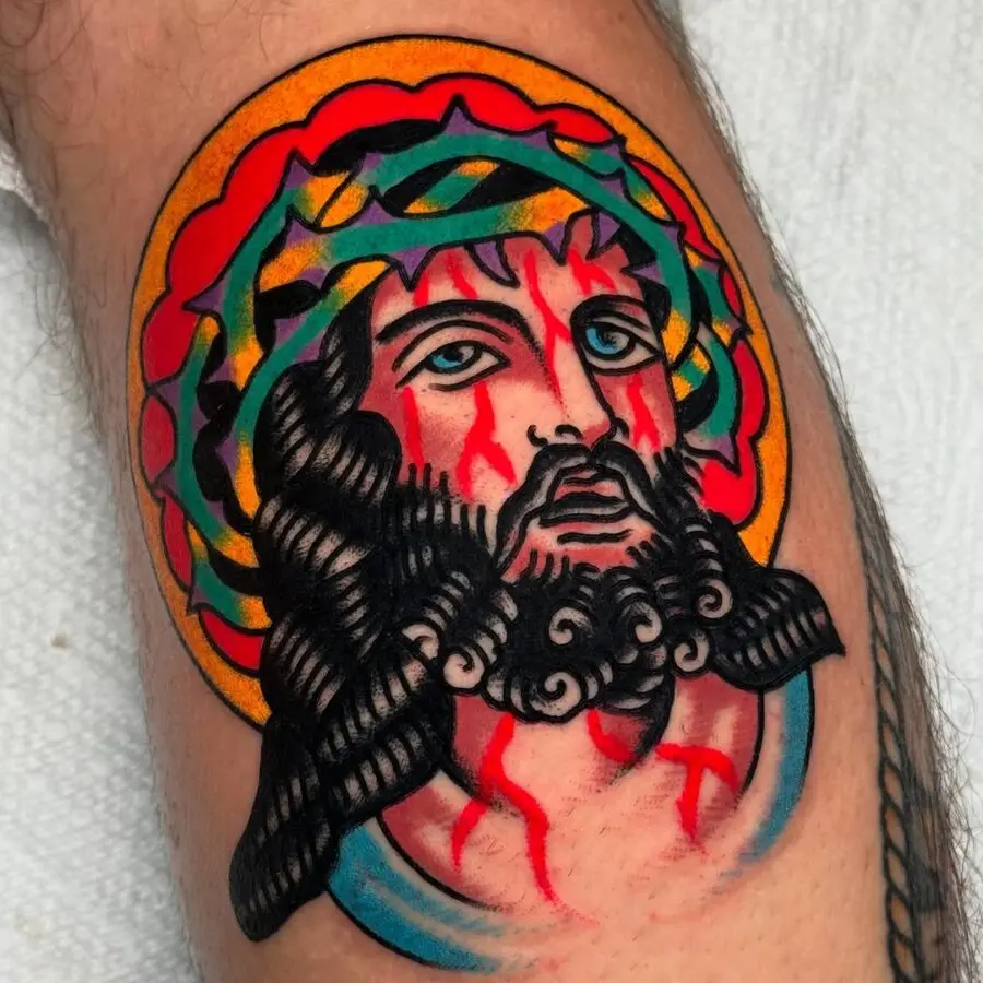 Vivid Jesus tattoo showcasing intricate details.