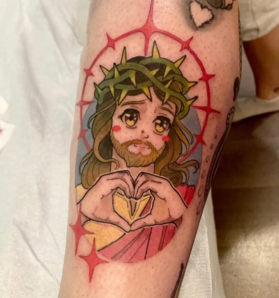 Colorful Jesus Tattoo with Heart Symbol