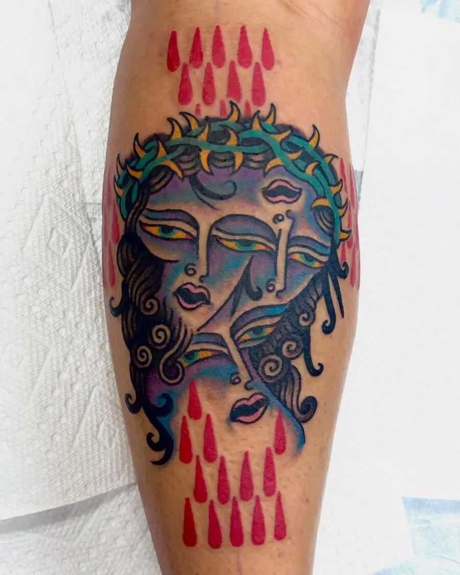 Unique Jesus tattoo with dual faces and tears