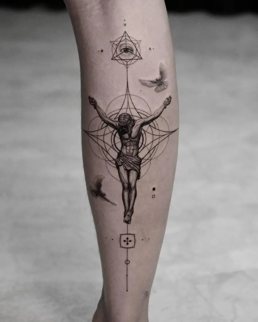 Stunning geometric Jesus tattoo with divine elements