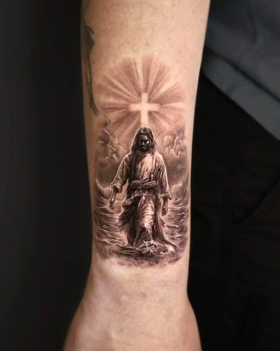 Intricate tattoo depicting Jesus walking on water