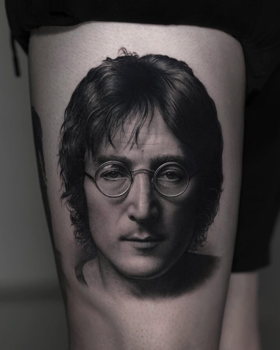 Realistic John Lennon Portrait Tattoo Idea