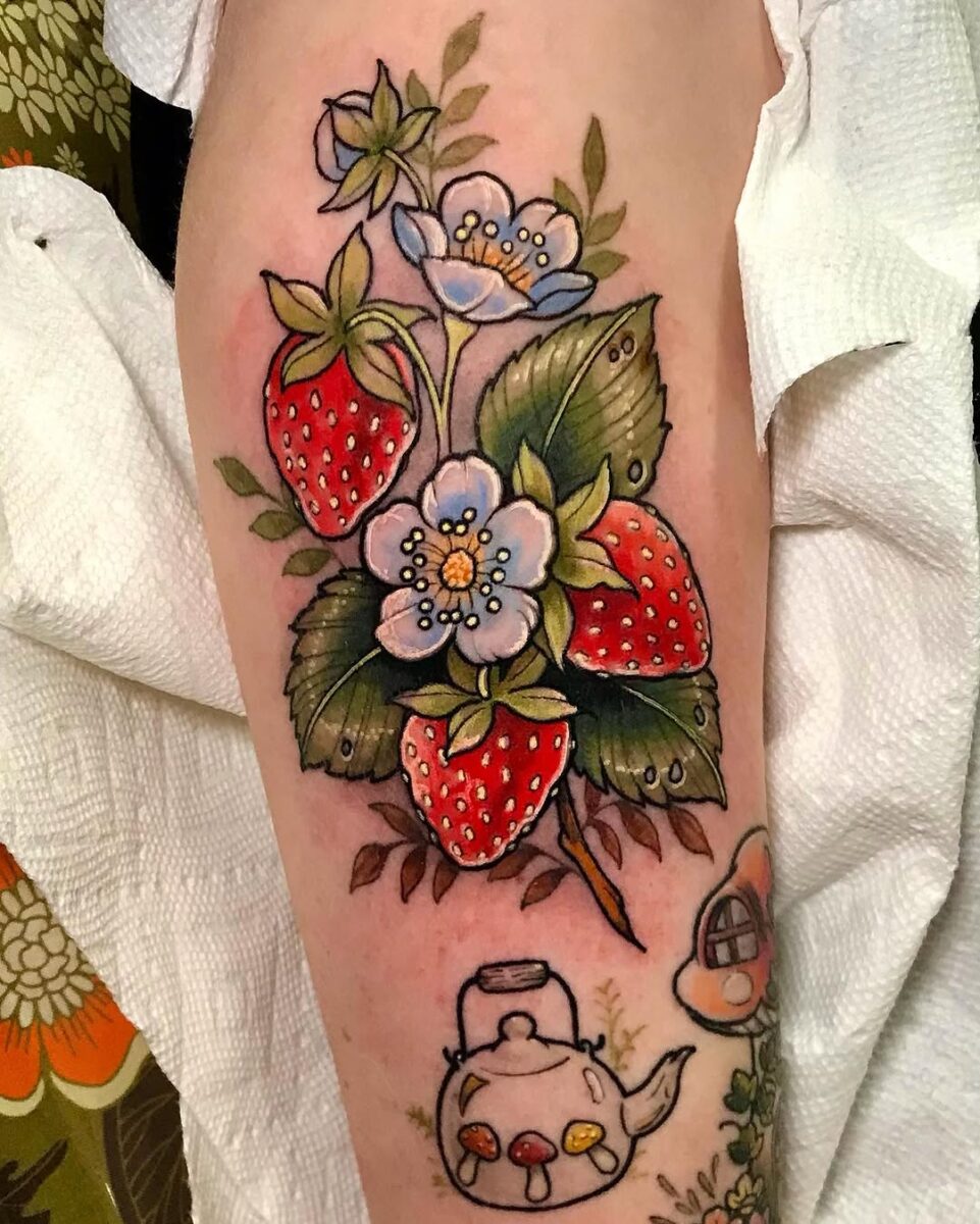 Vibrant Strawberry and Flower Tattoo Design