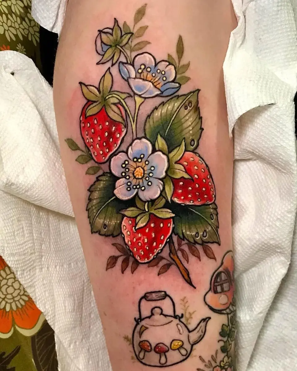 Vibrant Strawberry and Flower Tattoo Design