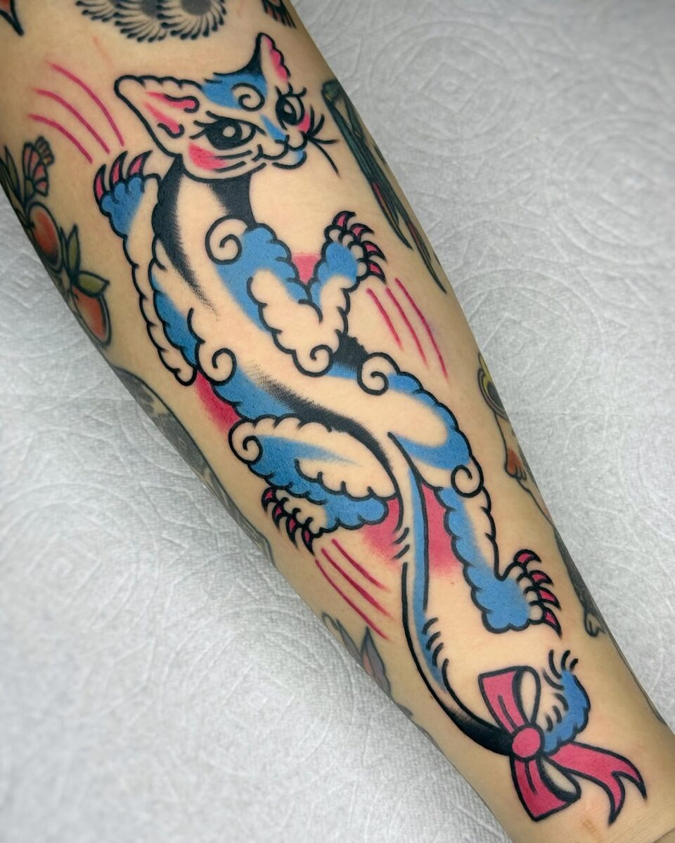 Vibrant and Fun Kitsch Cat Tattoo