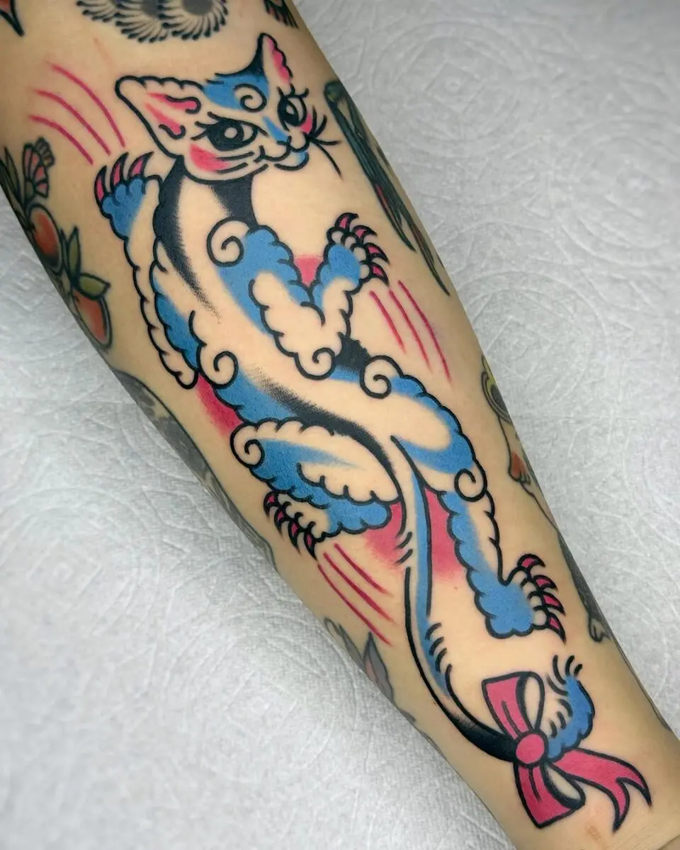 Vibrant and Fun Kitsch Cat Tattoo