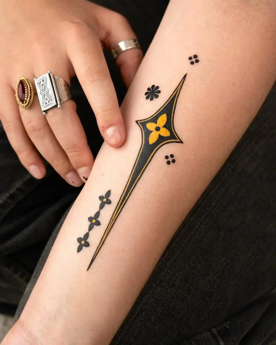 Unique floral arrow tattoo with bold colors