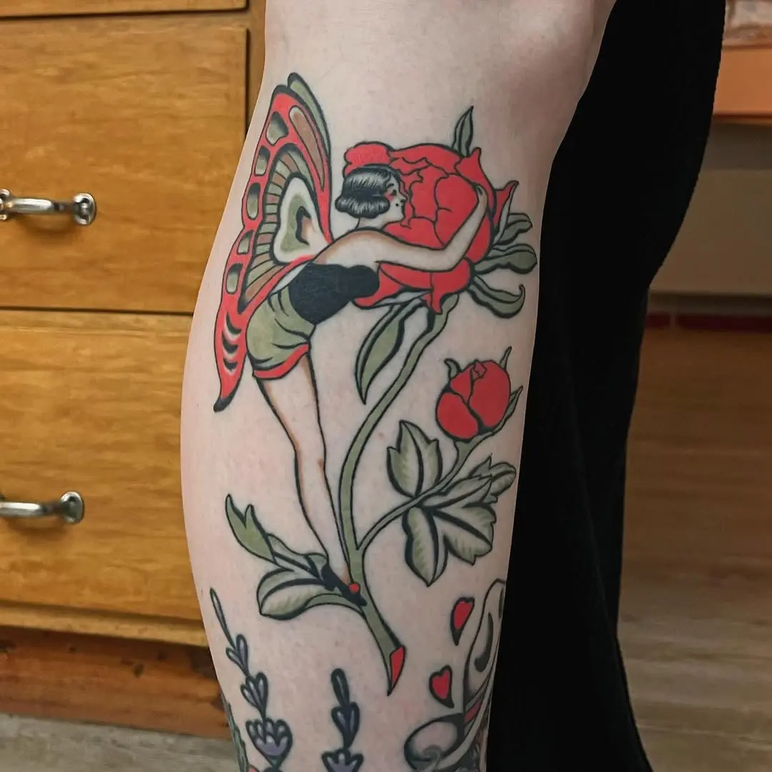 Whimsical butterfly and rose tattoo design