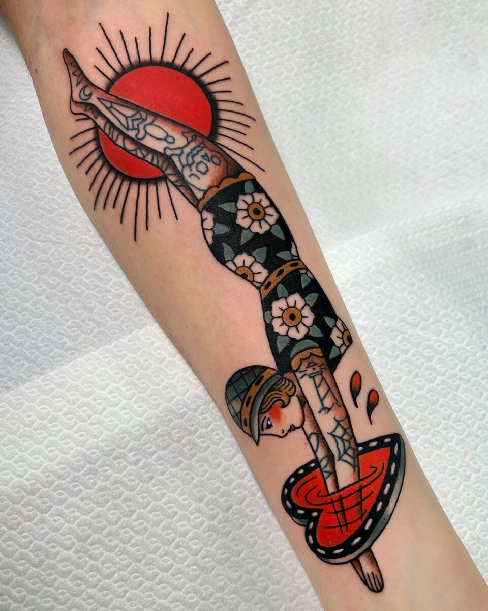 Bold and colorful retro diving tattoo art