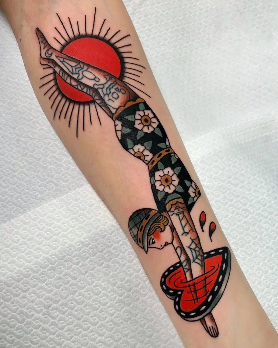 Bold and colorful retro diving tattoo art