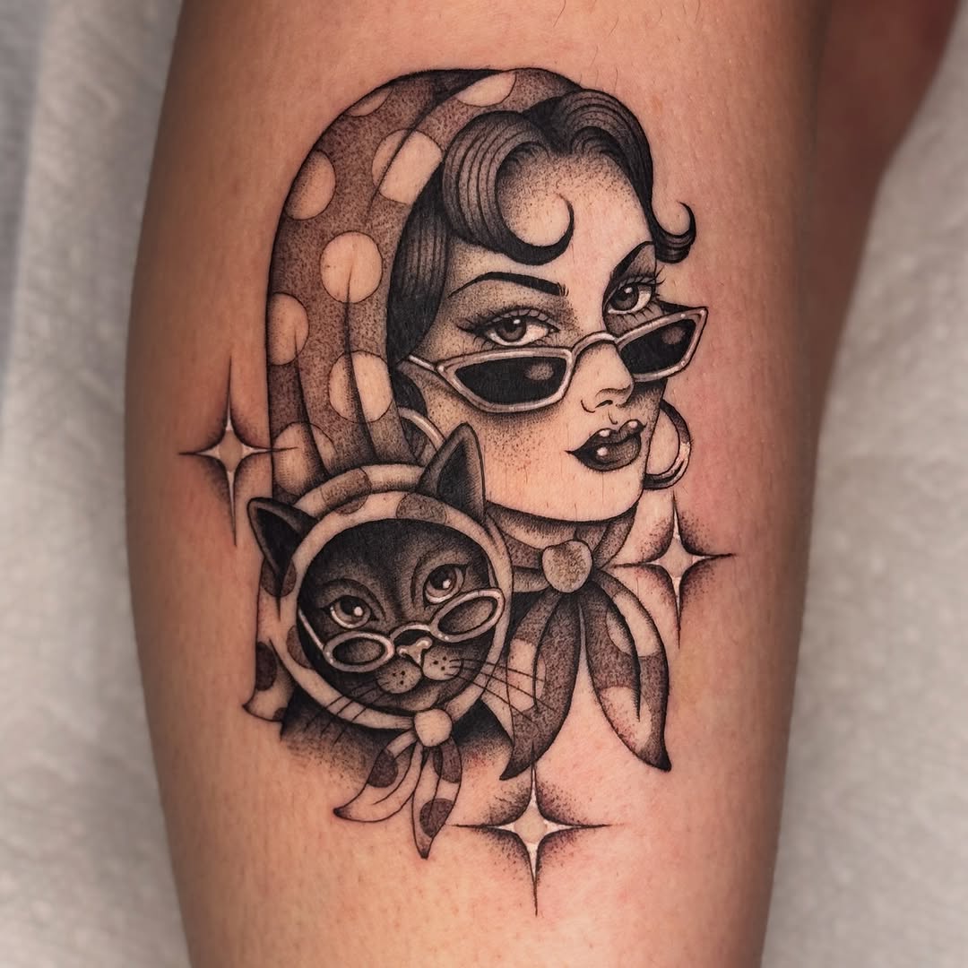 Charming retro lady with stylish accessories tattoo