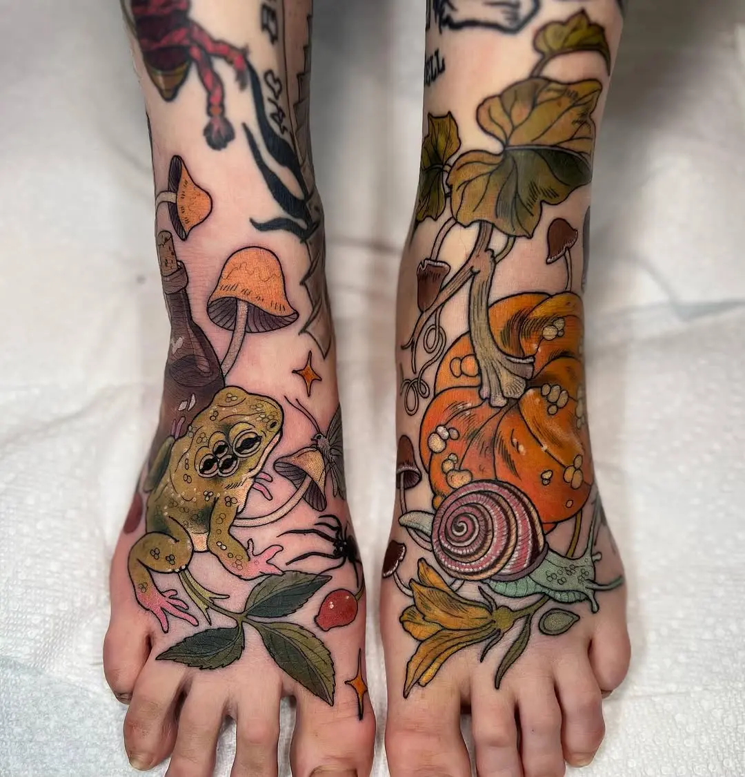 Playful tattoos featuring vibrant nature elements