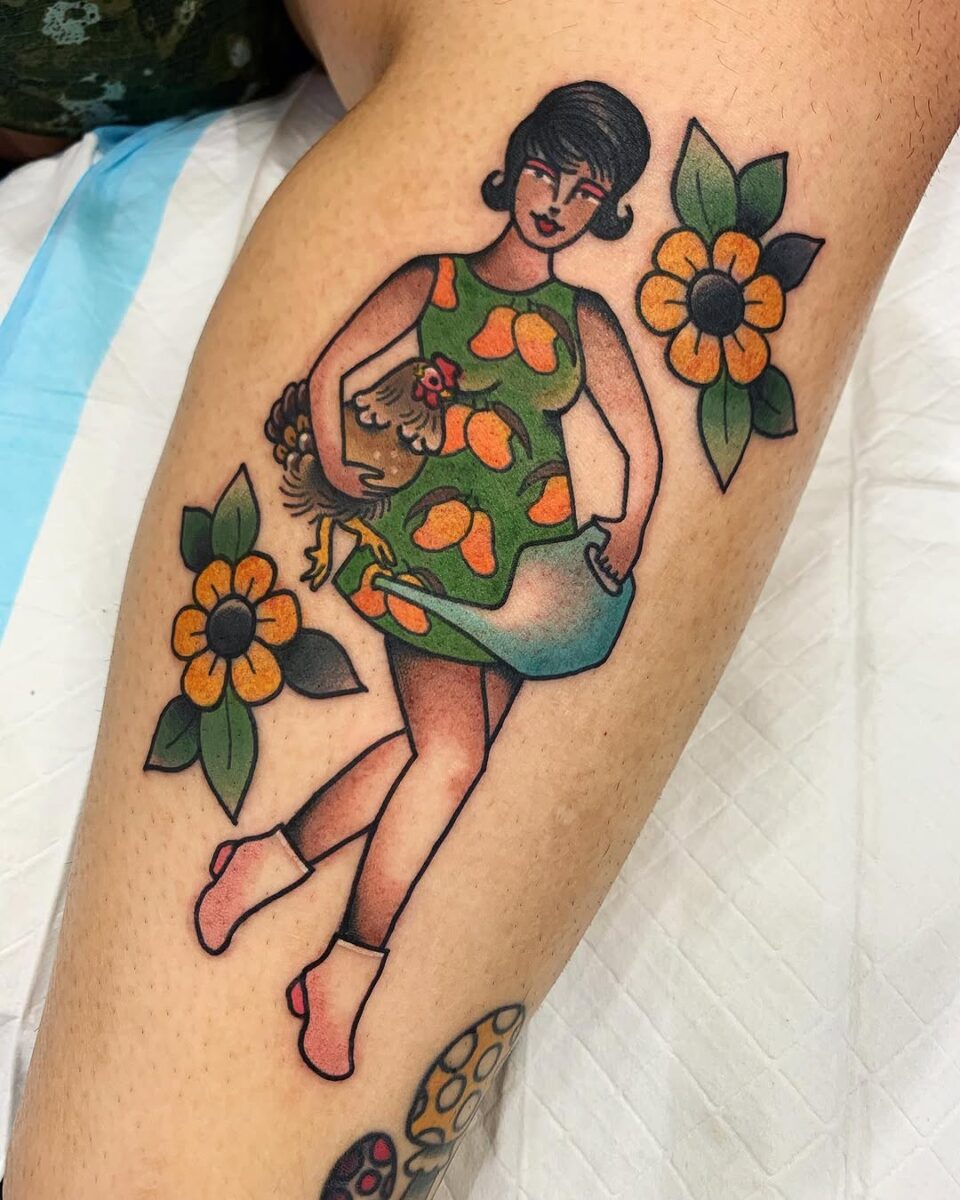 Charming lady in a floral dress tattoo