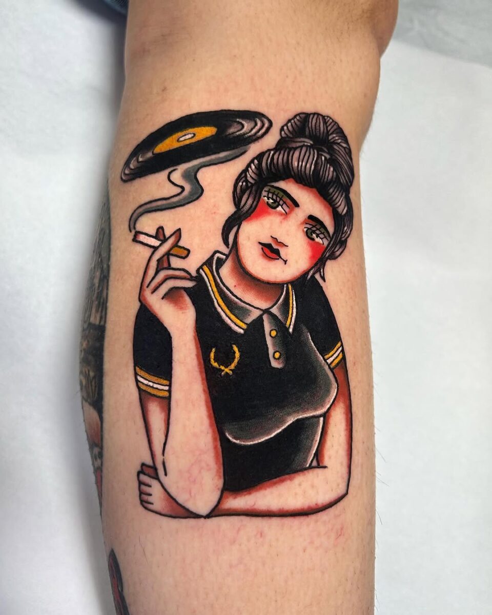 Stylish retro girl tattoo with vinyl record