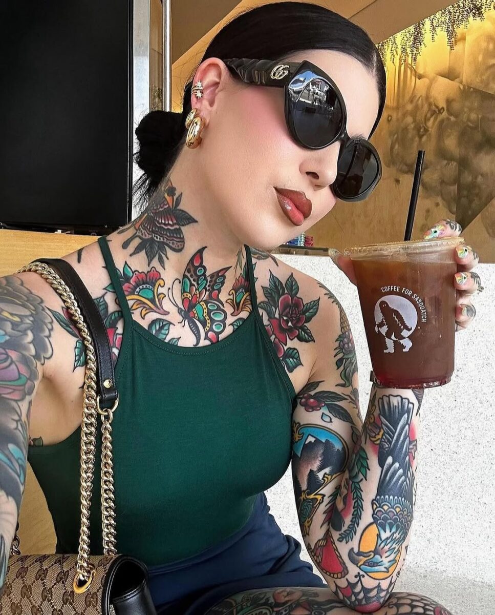 Vibrant tattoos paired with chic coffee moments