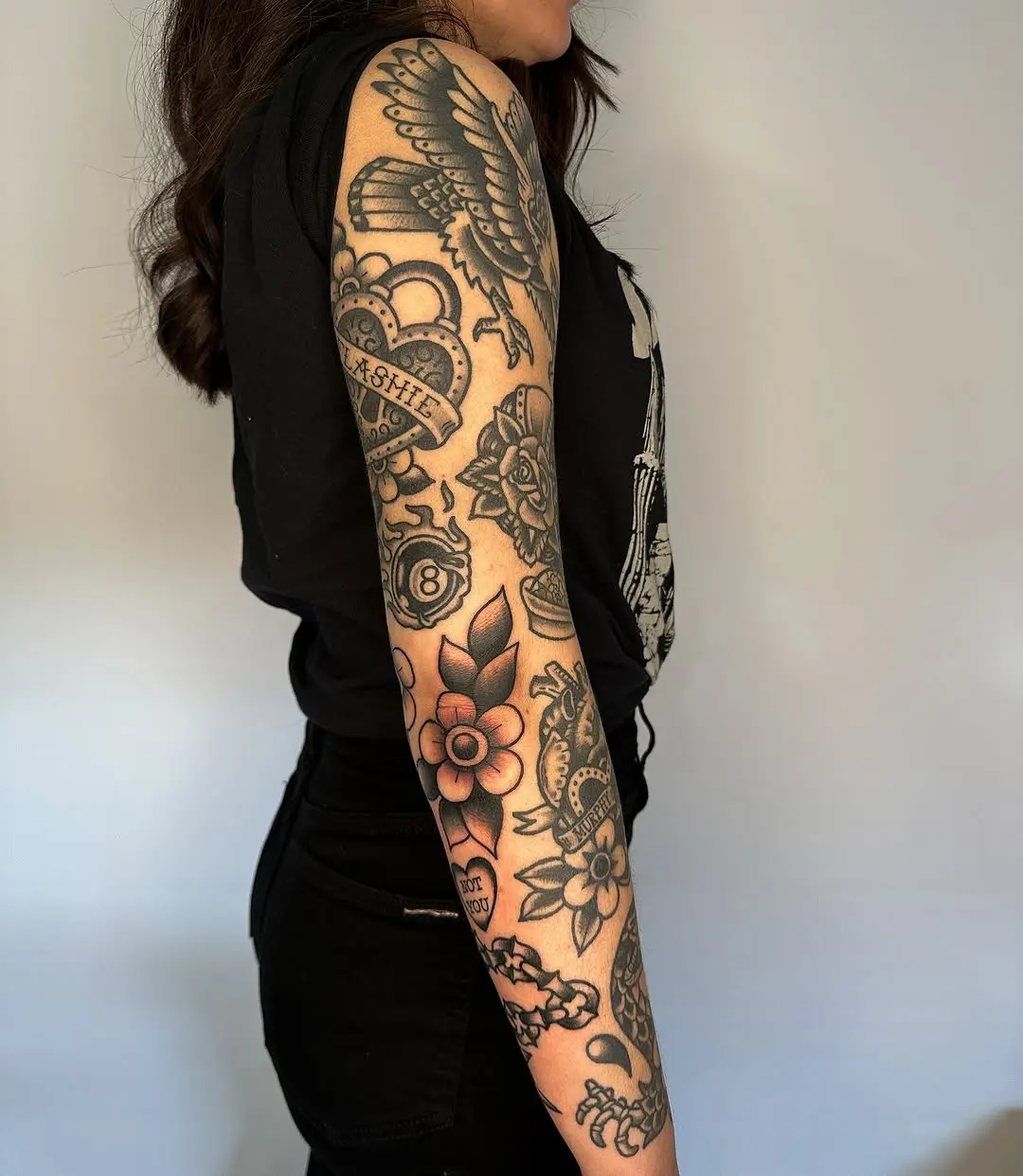 Colorful full sleeve of kitschy tattoo designs