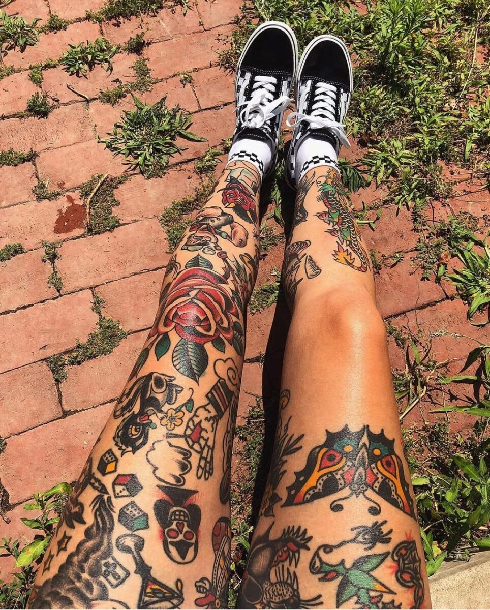 Bold and colorful leg tattoo showcase