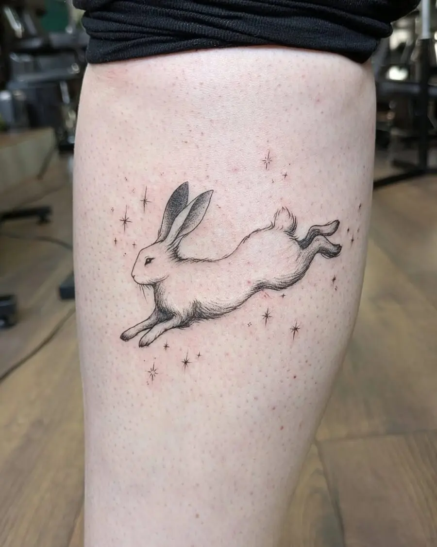 A whimsical leaping rabbit tattoo design.