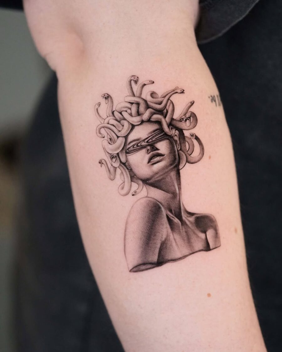Stunning Medusa tattoo with intricate snake details