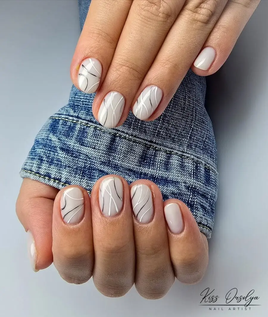 Elegant milky nails with chic line art