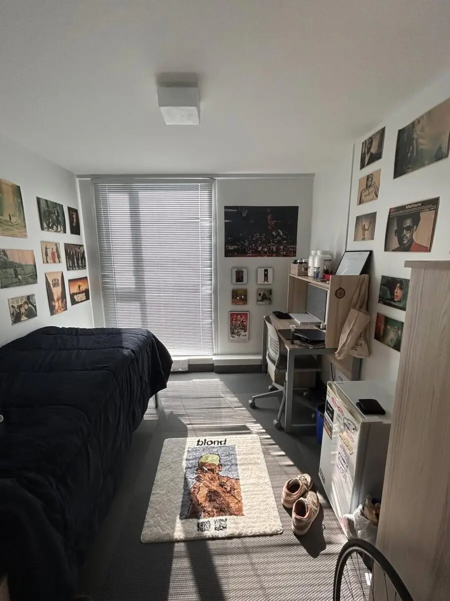 Sleek Minimalist Dorm Room with Personalized Art