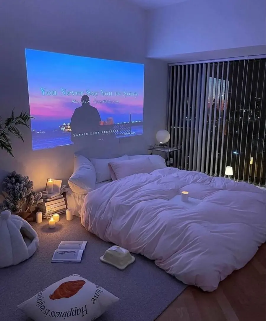 Serene minimalist dorm room with soft aesthetics