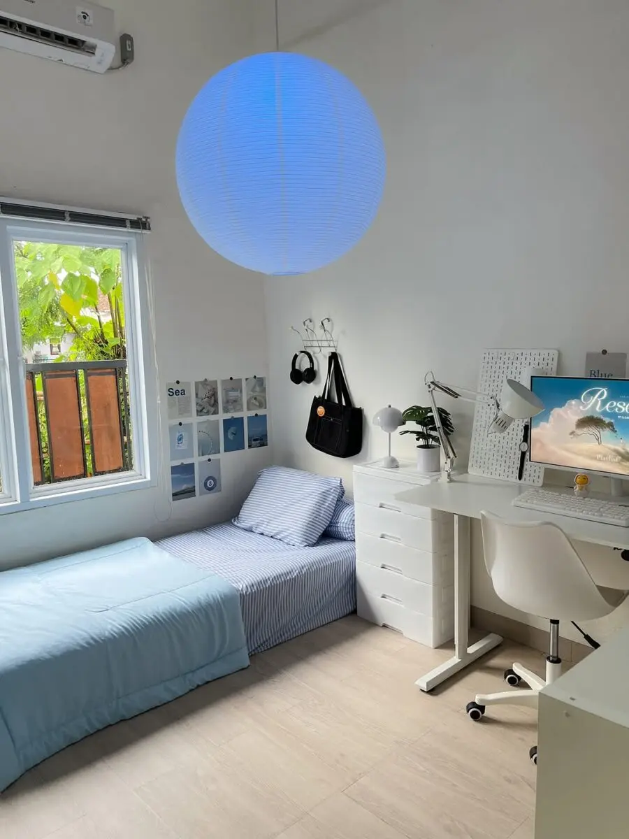 Chic minimalist dorm room with a calming aesthetic