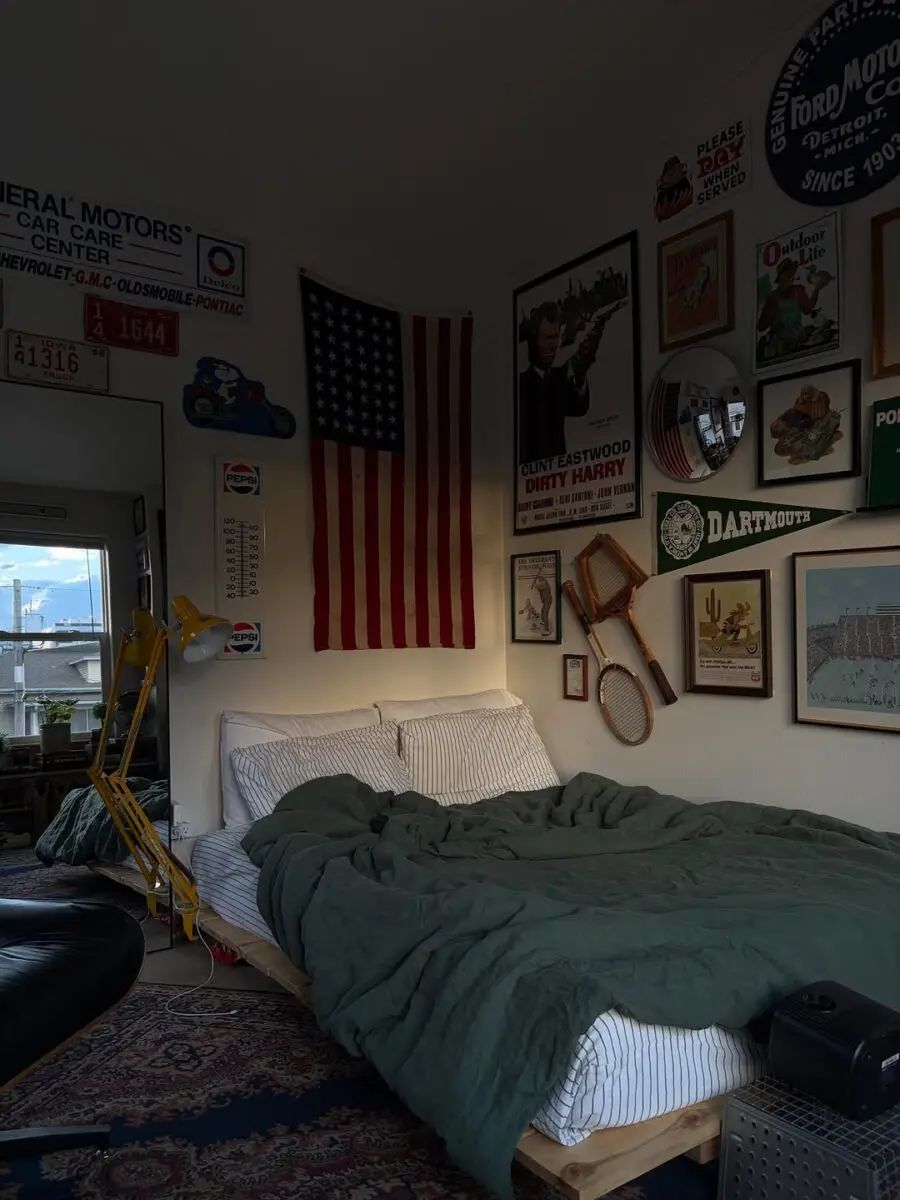 Cozy minimalist dorm with eclectic wall art