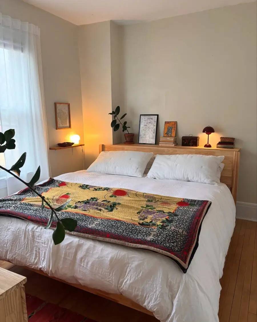 Cozy minimalist dorm room with warm touches