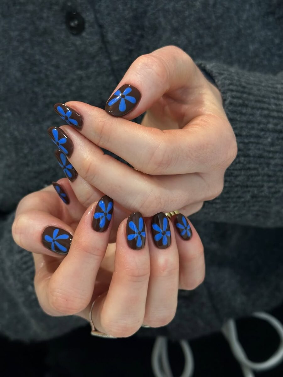 Chic Brown Nails with Blue Flower Designs